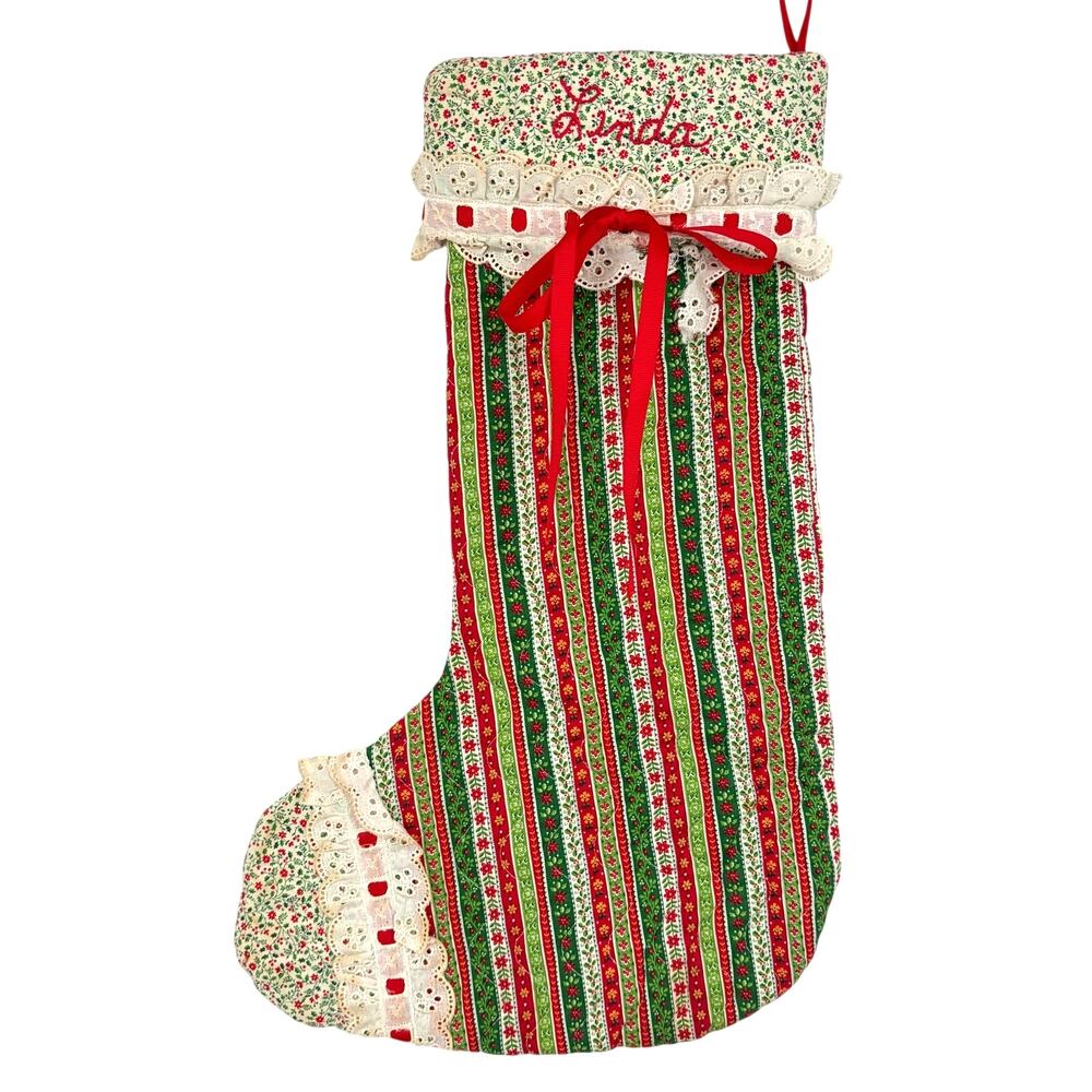 Homemade Vintage Quilted Striped Lace Christmas Stocking Embroidered "Linda"